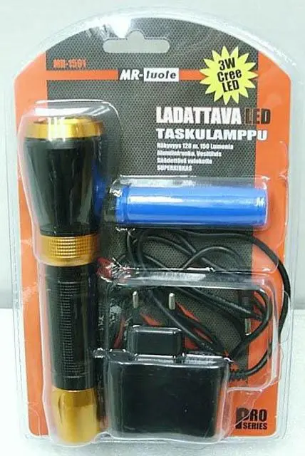Foto aus der offiziellen Meldung: MR-tuote Ladattava LED taskulamppu Pocket- Lampe mit Batterieladegerät — Risiko: Elektrischer Schlag