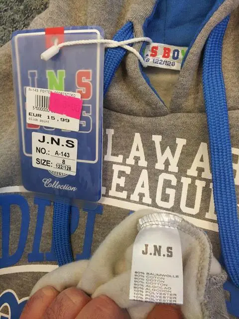 Photo from the official notice: J.N.S BOYS boys' sweatshirt — strangulation risk (A12/0493/14)