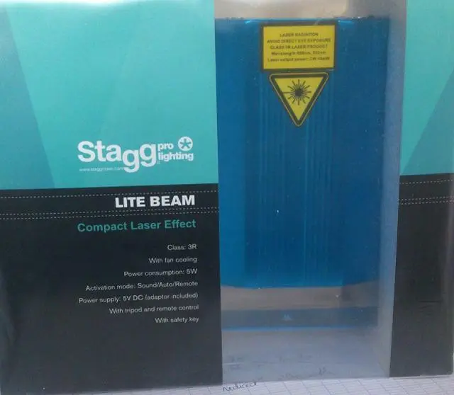 Foto uit de officiële melding: Stagg Pro Lighting Lite Beam / Compact Laser Effect Laserprojector — risico: Aantasting van het gezichtsvermogen
