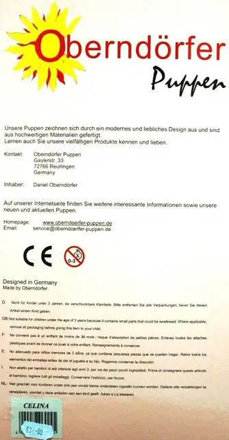 Photo from the official notice: Oberndoerfer Puppen Celina plastic doll — choking & cuts risk
