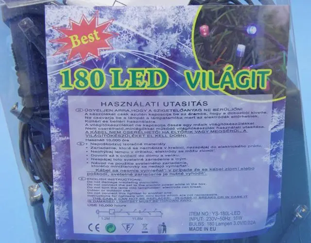 Foto do aviso oficial: 180 LED Világit Corrente de iluminação — risco: Queimaduras & Choque elétrico