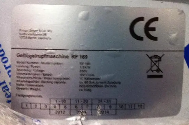 Photo from the official notice: Fringo Geflügelrupfmaschine RF-169 / Plucking Fingers RF-169 poultry plucking machine — electric shock & injuries risk