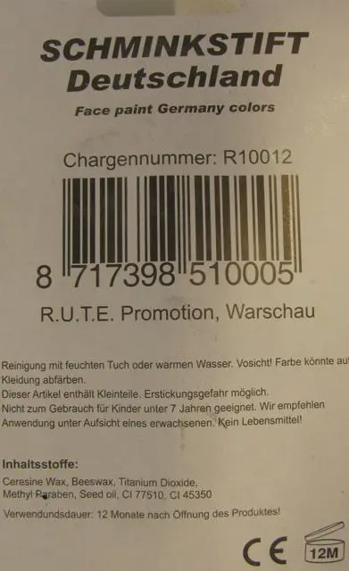 Foto uit de officiële melding: R.U.T.E. Promotion FAN Schminkstift Deutschland Make-up stick — risico: Chemische risico's