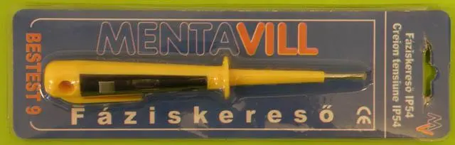 Photo from the official notice: Mentavill Fáziskereső IP54 voltage tester — electric shock risk