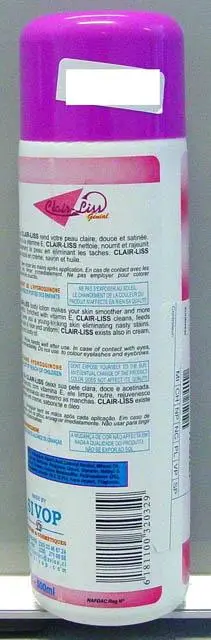 Foto dell’avviso ufficiale: ClairLiss Clair Liss Génial toning body lotion with vitamin E Prodotto schiarimento della pelle — rischio: Rischio chimico