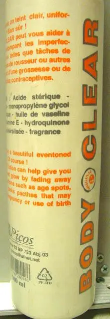 Foto aus der offiziellen Meldung: Body Clear Lightening body lotion - new life Hautaufhellungsprodukt — Risiko: Chemikalie