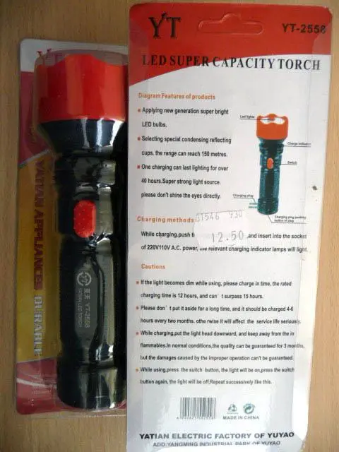 Foto del aviso oficial: YT - Yatian LED Super Capacity Torch. Antorcha recargable — riesgo: Choque eléctrico