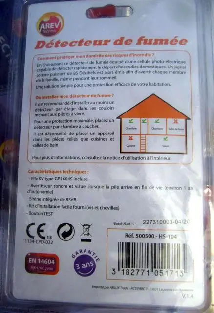 Photo de l’avis officiel: Arev technic Détecteur de Fumée — risque: Incendie