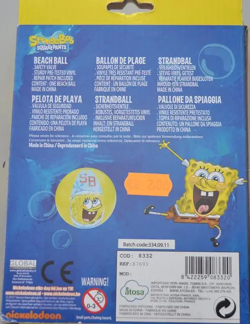 Photo de l’avis officiel: Atosa Beach Ball- SpongeBob Ballon de plage gonflable — risque: Étouffement