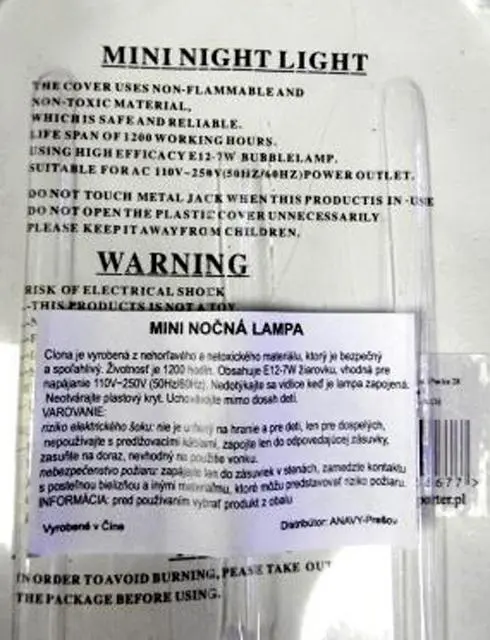 Foto do aviso oficial: Mini Night Light Luz noturna — risco: Choque elétrico (A12/1685/14)
