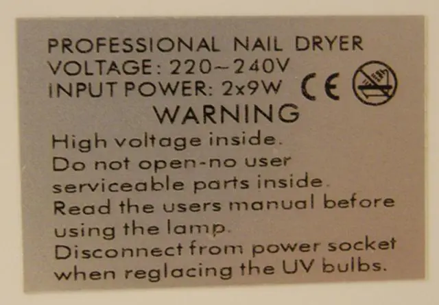 Photo from the official notice: UV Lamp Professional Nail dryer 18 Watt Gel Curing uv lamp for nails — electric shock risk