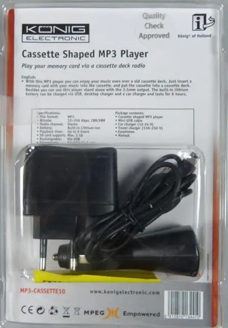Foto aus der offiziellen Meldung: König Cassette shaped MP3 player MP3-Player mit Ladegerät — Risiko: Elektrischer Schlag