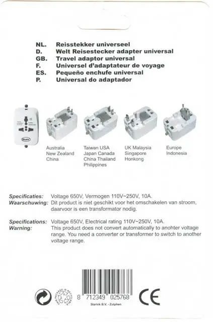 Photo from the official notice: Stalo Travel Adapter Universal travel plug adapter — electric shock risk