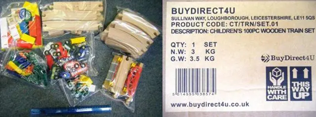Photo from the official notice: Buydirect4u Children's 100 PC Wooden Train Set — choking risk