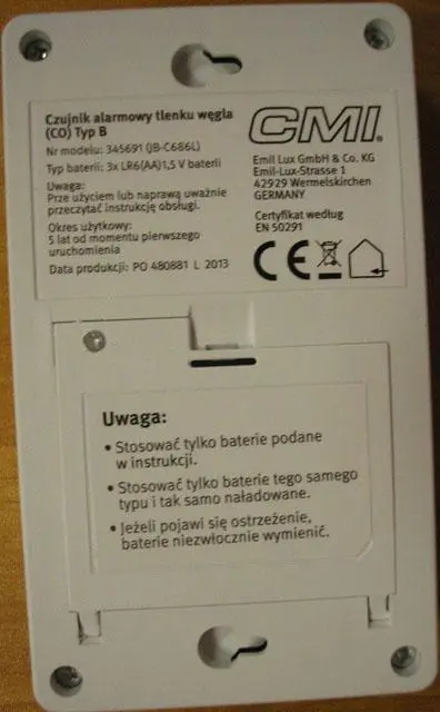 Foto uit de officiële melding: CMI Carbon Monoxide Alarm Koolmonoxidedetector — risico: Verstikking
