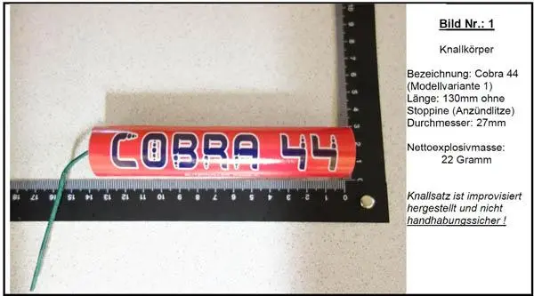 Photo de l’avis officiel: Cobra Sicherheitsböller Feux d’artifice — risque: Incendie & Blessures