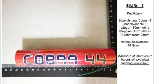 Photo de l’avis officiel: Cobra Sicherheitsböller Feux d’artifice — risque: Incendie & Blessures