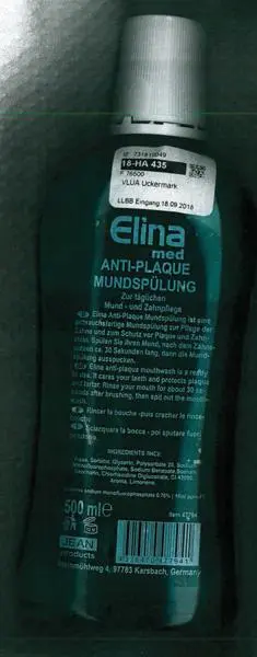 Zdjęcie z oficjalnego zgłoszenia: Elina med Anti-Plaque Mundspülung Produkt do higieny jamy ustnej/płukanie ustne — ryzyko: Mikrobiologiczne