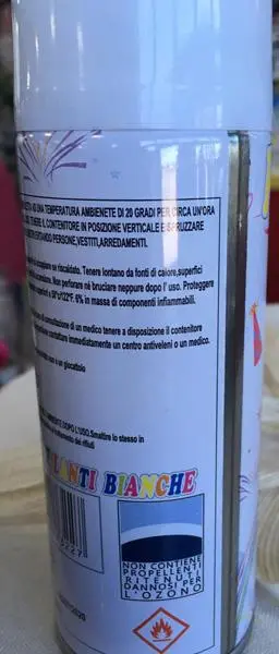 Foto uit de officiële melding: PARTY STRING stelle filanti bianche Witte aerosol string — risico: Brand