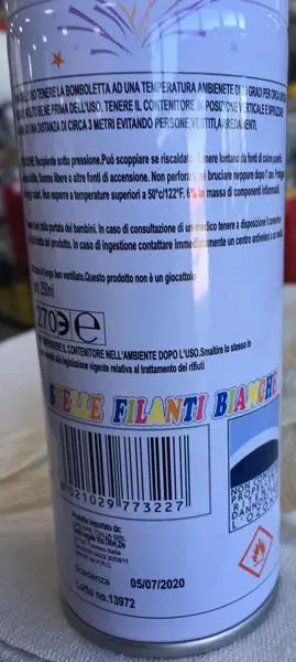 Foto uit de officiële melding: PARTY STRING stelle filanti bianche Witte aerosol string — risico: Brand