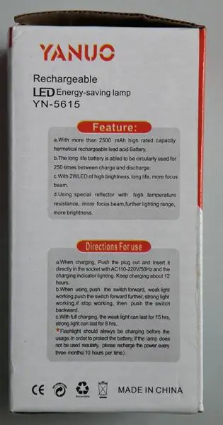 Photo from the official notice: YANUO Rechargeable LED Energy-saving lamp portable led lamp/torch — electric shock & fire risk