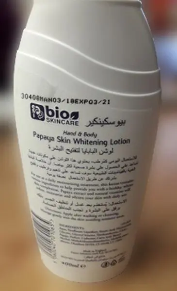 Foto aus der offiziellen Meldung: Bio Skincare Hand and Body Papaya Skin Whitening Lotion Körperlotion — Risiko: Chemikalie