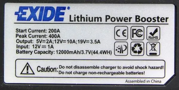 Foto uit de officiële melding: Exide Lithium Power Booster De machtspak van de sprongstarter — risico: Elektrische schok