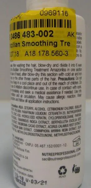 Foto do aviso oficial: Amazonliss, Nutree Brazilian Smoothing Treatment Produto de alisamento do cabelo — risco: Químico