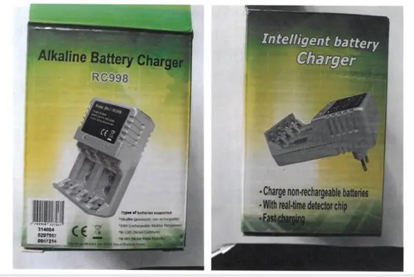 Photo from the official notice: ICEO Intelligent battery Charger — electric shock & fire risk