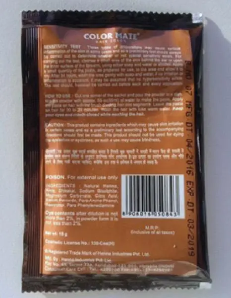 Foto uit de officiële melding: Color Mate Hair Color Haarkleuring — risico: Chemische risico's
