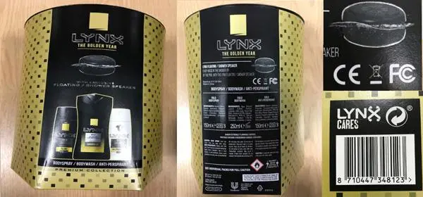 Foto uit de officiële melding: Lynx / Axe Floating/ shower speaker Doucheluidspreker met USB-oplader — risico: Brandwonden & Brand