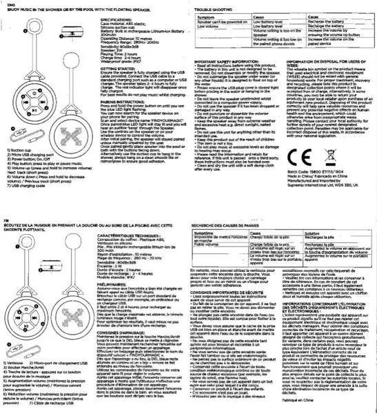 Foto uit de officiële melding: Lynx / Axe Floating/ shower speaker Doucheluidspreker met USB-oplader — risico: Brandwonden & Brand