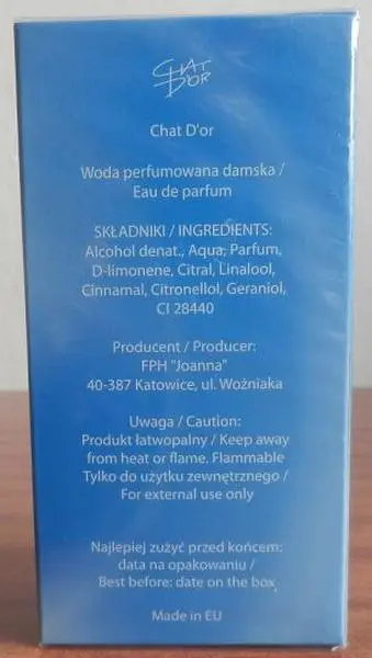 Photo de l’avis officiel: CHAT D'OR BLUE eau de parfum — risque: Risque chimique