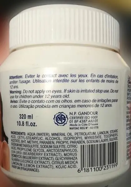 Foto do aviso oficial: Bio Claire Lightening body cream without hydroquinone Produto de clareamento da pele — risco: Químico
