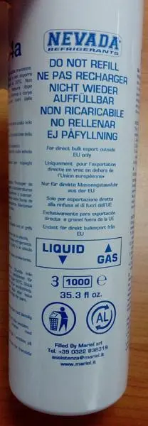 Photo de l’avis officiel: Nevada Refrigerants R134a Cylindre réfrigérant non rechargeable — risque: Environnement