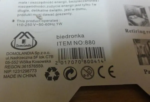 Photo from the official notice: Domolandia LED dim swiatla - biedronka nightlight — electric shock risk