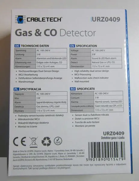 Foto uit de officiële melding: Cabletech Gas &amp; CO detector Koolmonoxide- en gasdetector — risico: Verstikking (A12/0679/19)