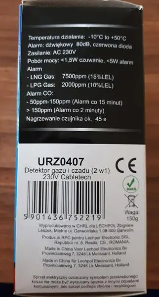 Foto uit de officiële melding: Cabletech Gas &amp; CO detector Koolmonoxide- en gasdetector — risico: Verstikking (A12/0691/19)