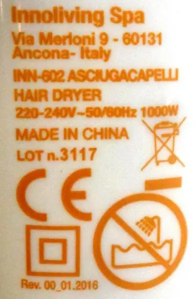 Photo de l’avis officiel: Innoliving Travel hair dryer Sèche-cheveux — risque: Choc électrique