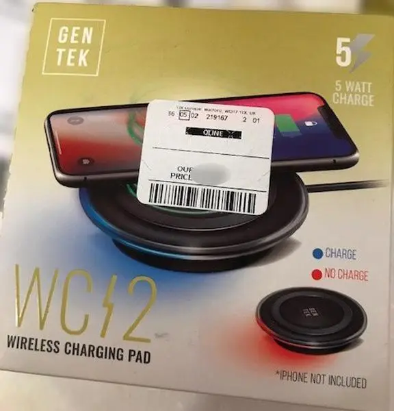 Photo from the official notice: Gentek Wireless Charging Pad — fire risk