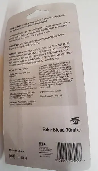 Photo from the official notice: Murder Motel Halloween Blood Spray fancy-dress make-up — microbiological risk