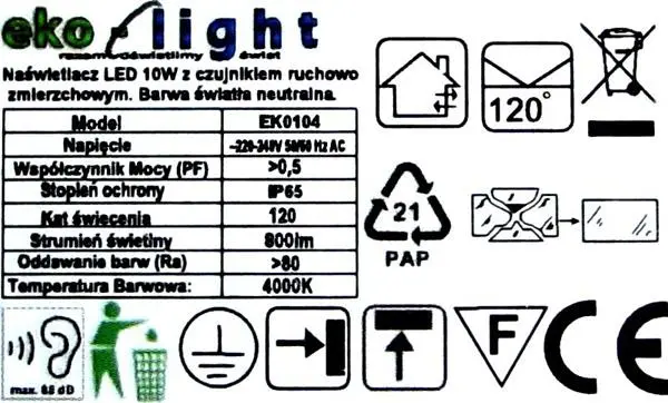 Photo de l’avis officiel: Eko-Light Naswietlacz LED 10 W z czujnikiem ruchu Projecteur LED — risque: Choc électrique