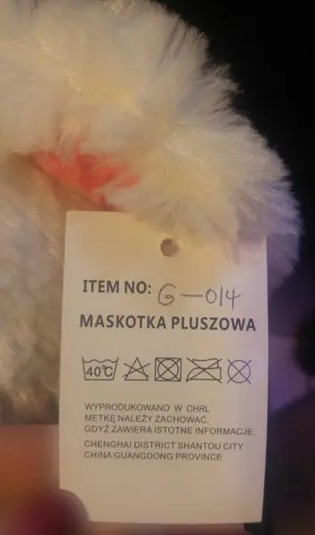 Photo de l’avis officiel: Maskotka pluszowa Jouet doux — risque: Risque chimique & Étouffement (A12/0877/19)
