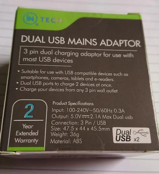 Foto do aviso oficial: iN Tech Dual USB Mains Adaptor Adaptador de rede USB — risco: Choque elétrico