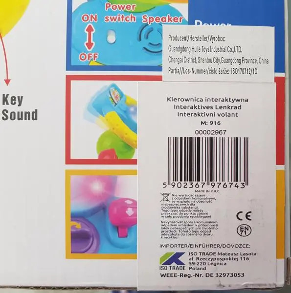 Photo from the official notice: HuiLe TOYS Happy Mini Steering Wheel educational toy — environment risk