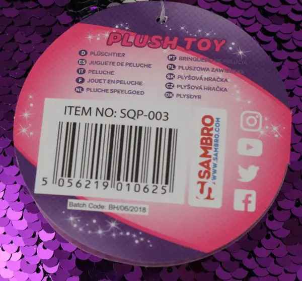 Foto dell’avviso ufficiale: Glitter Palz, Sambro Plush clip-on and Plush toy Giocattolo morbido con paillettes — rischio: Ostruzione delle vie aeree