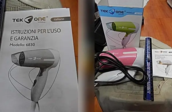 Photo de l’avis officiel: Tek One Sèche-cheveux — risque: Brûlures & Choc électrique