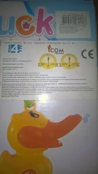 Foto do aviso oficial: Duck light &amp; sound Brinquedo de plástico — risco: Engasgamento & Lesões auditivas