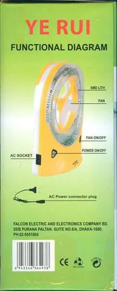 Foto dell’avviso ufficiale: YE RUI RECHARGEABLE MULTI-PURPOSE SMD LIGHT Ventilatore portatile con LED — rischio: Ustioni & Scossa elettrica