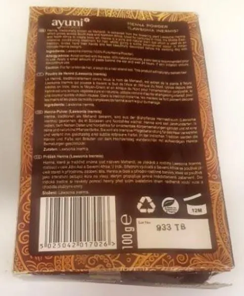 Photo de l’avis officiel: Ayumi Naturals 100% Pure (Mehandi) Henna Powder Poudre colorante — risque: Risque microbiologique